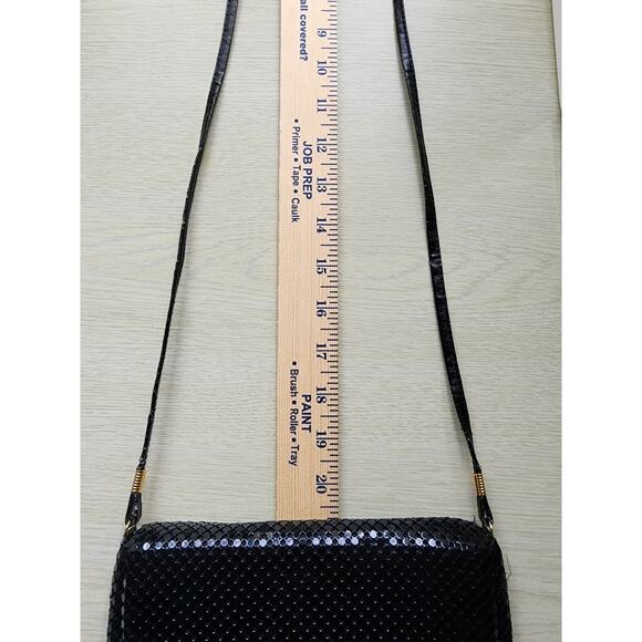 PURSE-HANDBAG-CLUTCH-Black Mesh-Shoulder Strap-Snap Closure-Shiny - Picture 11 of 11
